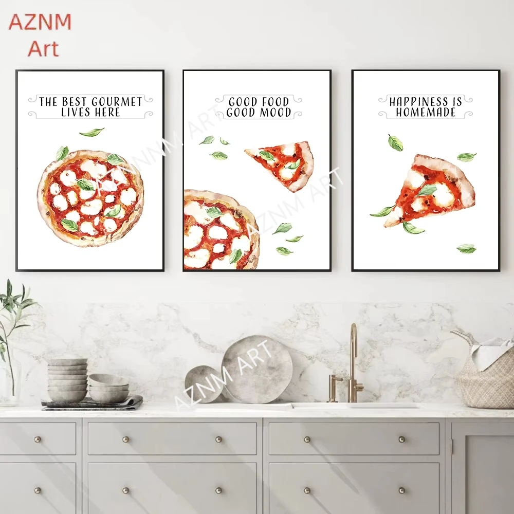 Italian Pizza Watercolor Poster and Print Modern Kitchen Dining Room Wall Art Home Decor Canvas Painting Good Food Quote Picture