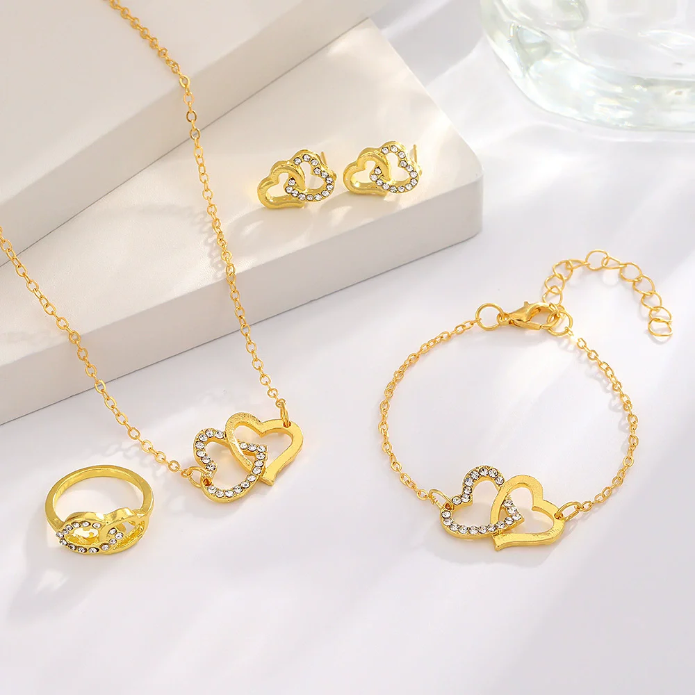 4pcs Jewelry Sets for Women Rhinestones Hollow Heart Necklace Stud Earrings Ring Bracelet Gold Color Romantic Jewelry Girl Gifts