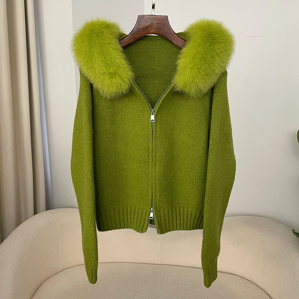 

OFTBUY Natural Fur Cardigan Coat for Women Casual Hooded Real Fox Fur Collar Luxury Short Knitted Jacket Fashion Autumn Winter
