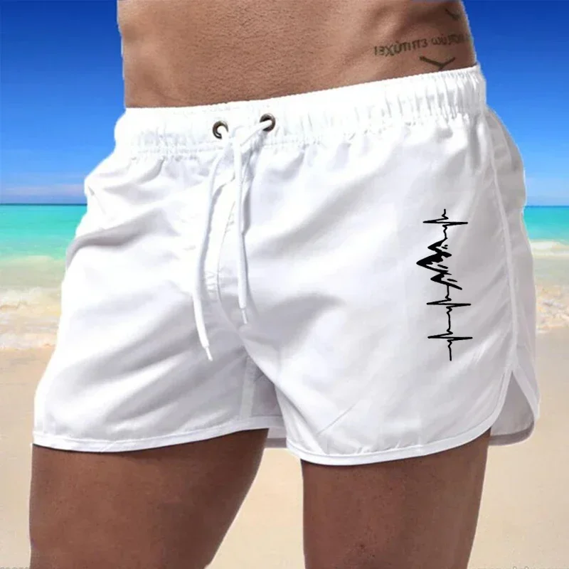 Calções de praia estampados batimentos do coração masculino, moda praia seca rápida, bottoms, corrida, Breechcloth, verão