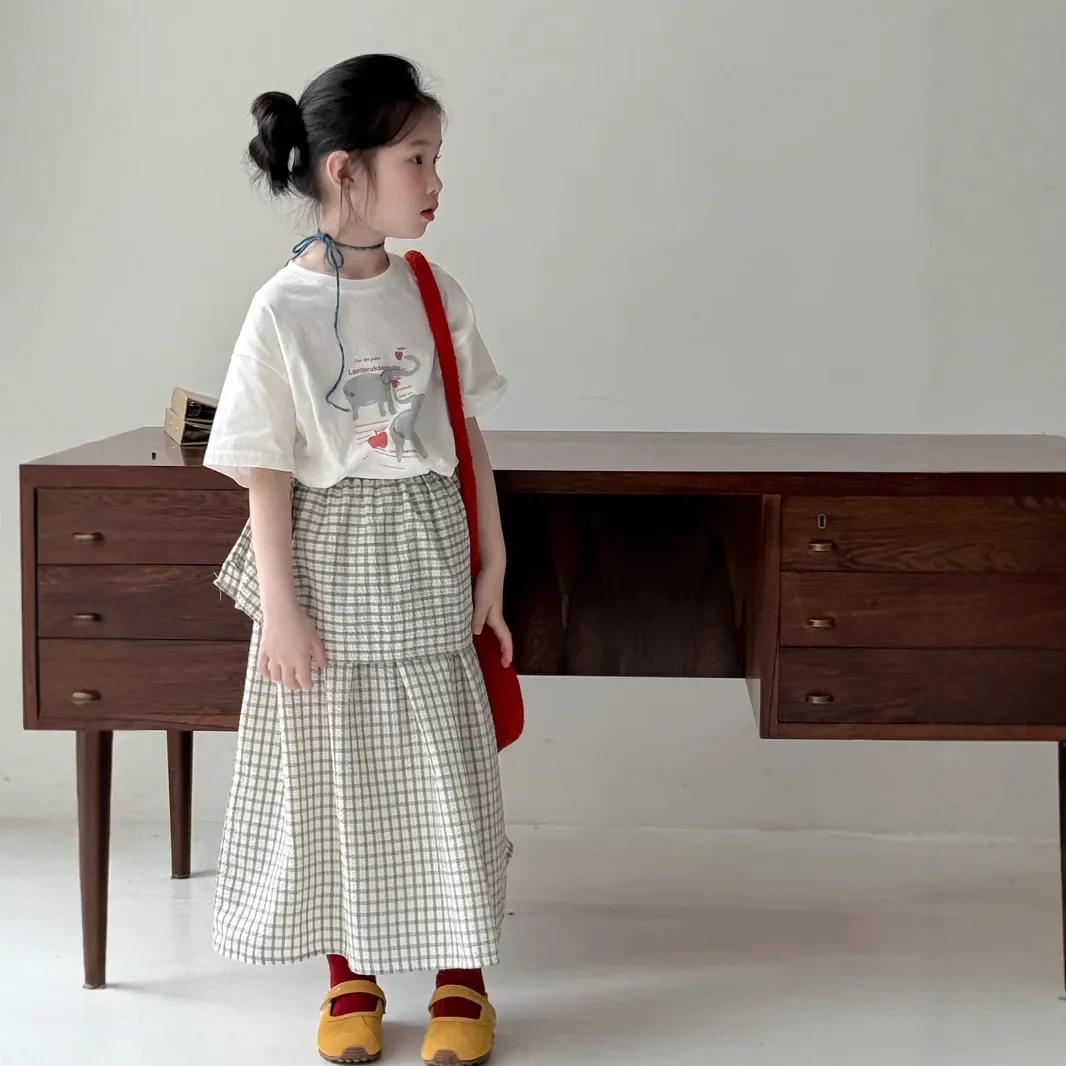 Girls Set 2026 Summer New Childrens Wear Korean Style Girl Baby Letter Cartoon Plaid Skirt T-shirt Two-piece Set Casual Simple