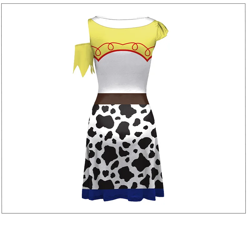 Damen Cowgirl Cosplay Kostüm mit Cold-Shoulder-Design, Kurzarm, Ripped-Look, Kuhmuster, Faschingskostüm für Halloween, Karneval, Western-Themenparty – Detail 7