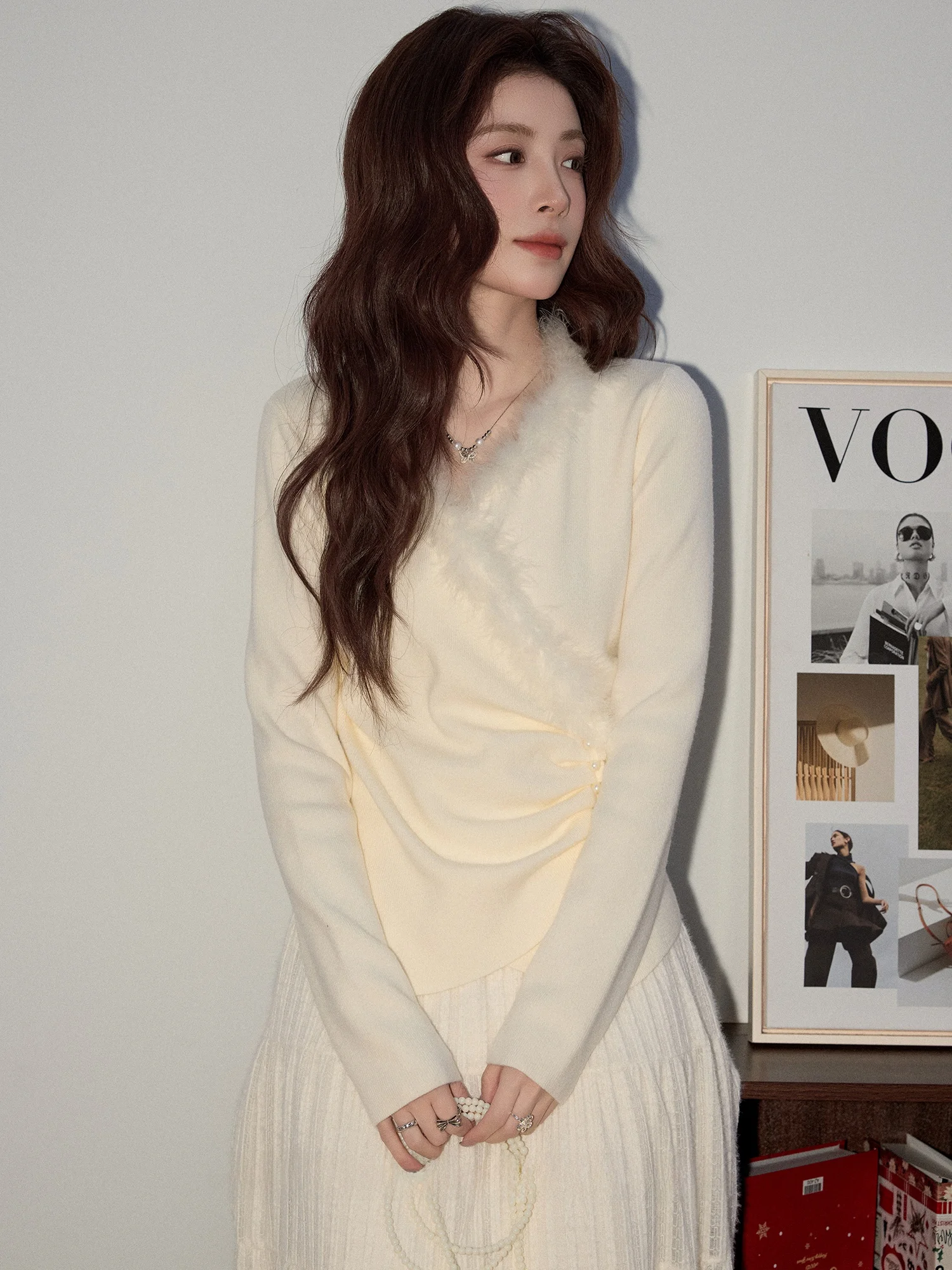 

Princ Sle V-Ne Knitted Sweater Women's Spring Faion Slim Fit Soft Fabric Long Sve Breathable Color Top