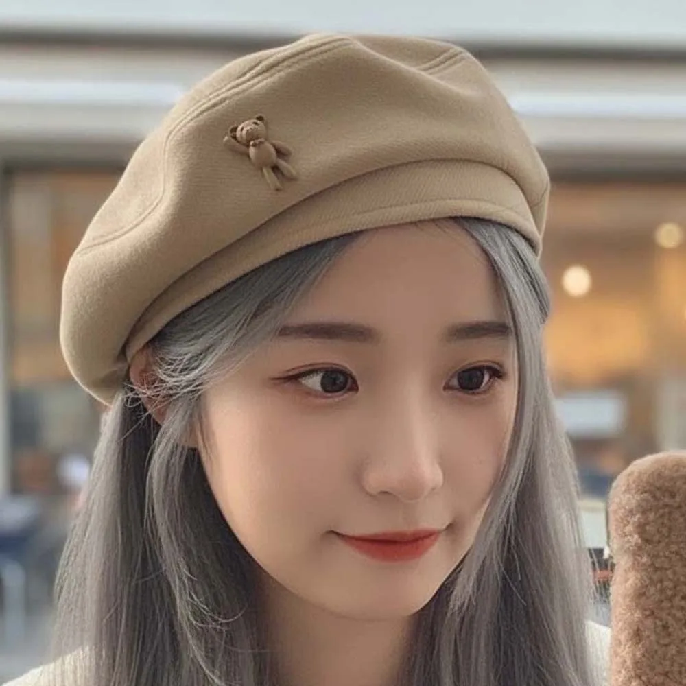 Soft Vintage Beret Hat Heart Decor Thermal Texture Cartoon Bear Cap Classic Color Lightweight Newsboy Octagonal Hat