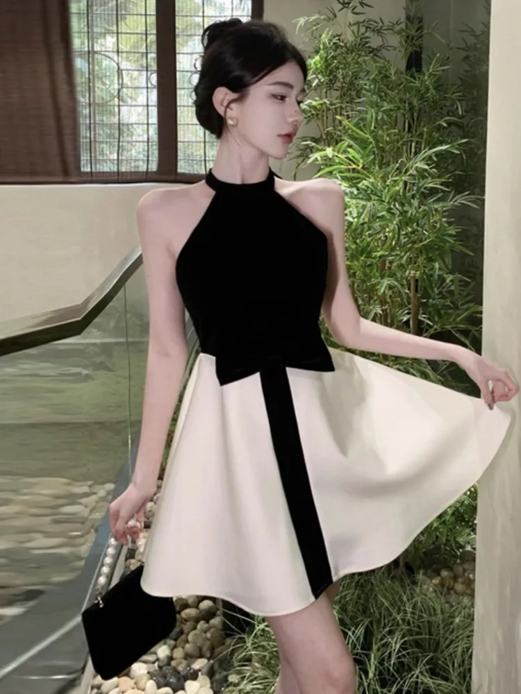 Kimotimo Vintage Dresses Women Sleeveless Bow Colorblock Halter Party Short Dress French Chic Sexy Waist A-line Elegant Vestido