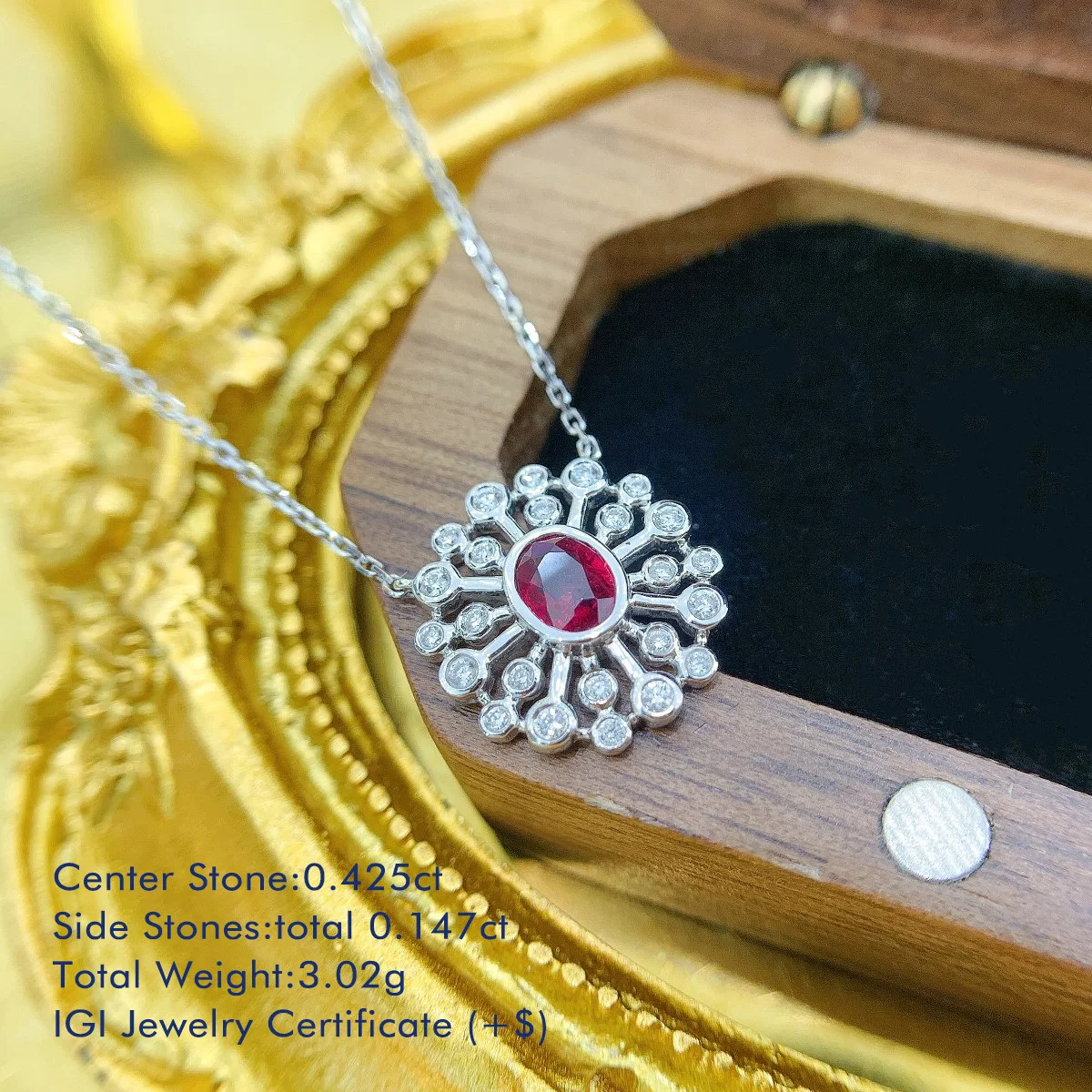 18K White Gold Center Natural Ruby Oval Halo Necklace Sparkling Diamond Accent Women Luxury Jewelry Gift for Daily Accessory