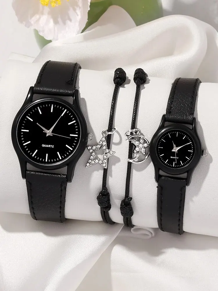 4pcs Couple Watch Casual Pair Watch Belt Quartz Watch Fashion Versatile Academy Style Watch