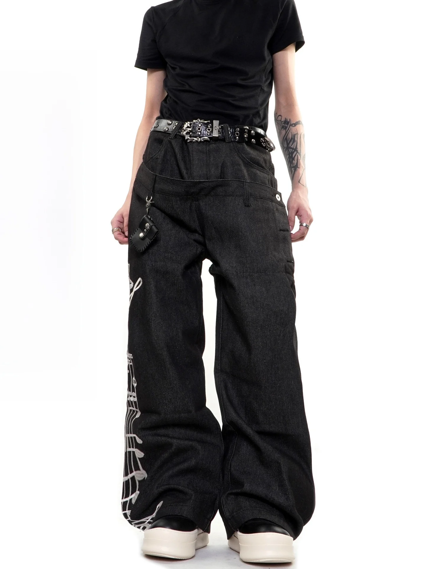 Jeans Original de Corte Reto High Street para Homens e Mulheres, Calças Longas Soltas e Fluídas com Bordados na Cintura, Jean...