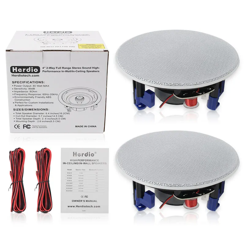 Herdio 4 Inch 2PCS 160w Two-Way Flush Mount Ceiling Wall Speaker Sound System For Bathroom Kitchen Living Room Office