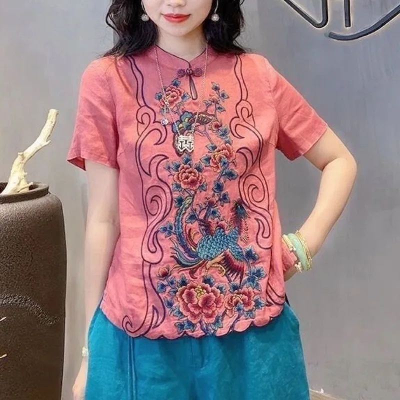 Summer Women's Clothing Crew Neck Solid Color Pullover Embroidered Casual Elegant Plant&Flowers T-shirt Chinese Style Tops