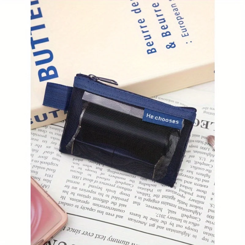 1pc スクエアメッシュポータブル小型収納バッグ、ジッパー付き、化粧品収納バッグ、ポケットを清潔で整頓した状態に保ちます。