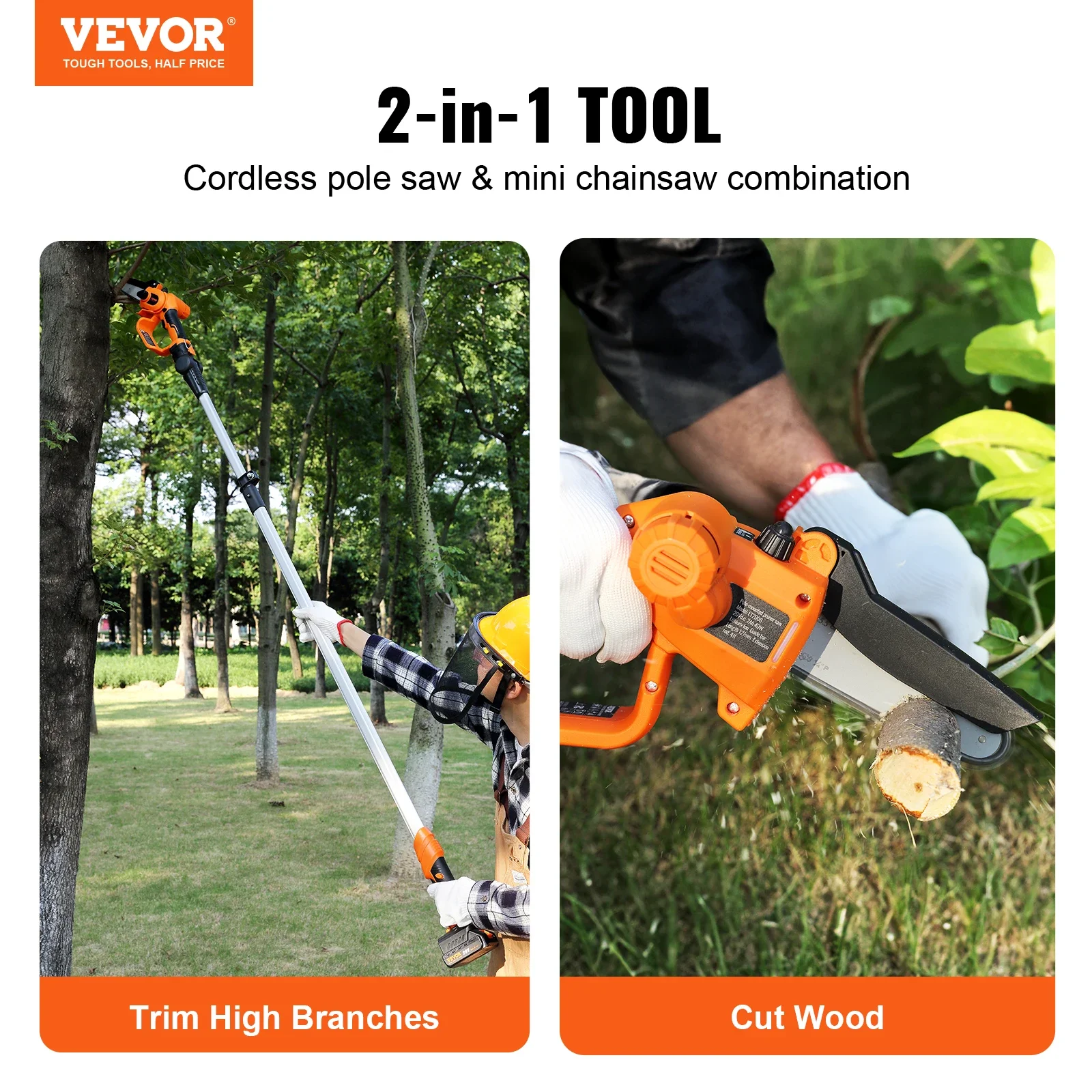 VEVOR 2-in-1 Cordless Pole Saw&Mini Chainsaw 20V 2Ah Battery Pole Chainsaw for Branch Cutting&Tree Trimming (Battery Included)