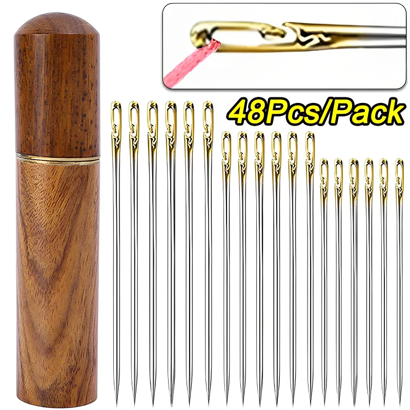 48/12Pcs Sewing Needles Blind Set Side Opening Hole Fast Throughing Stainless Steel Darning Hand Needle Tools Home Diy Jewelry