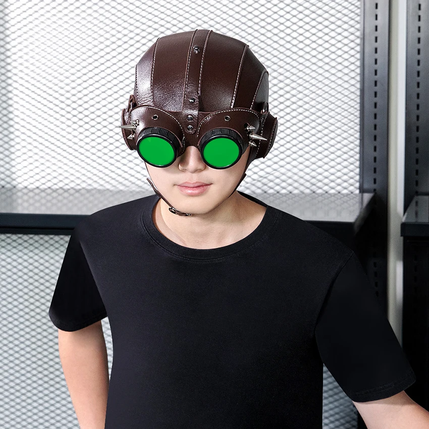 Maschera da aviatore Steampunk in pelle PU medievale Halloween Cosplay Divertente Carnevale Masquerade Mezza maschera Occhiali da pilota Copricapo