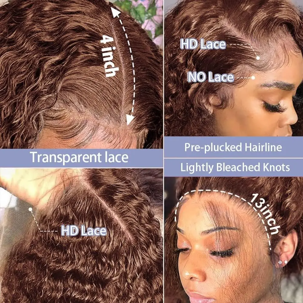 Chocolate Brown 13x6 Hd Lace Frontal Wig Deep Wave Brown Human Hair Wigs Pre Plucked Water Wave Curly 13x4 Lace Front Wig image 4