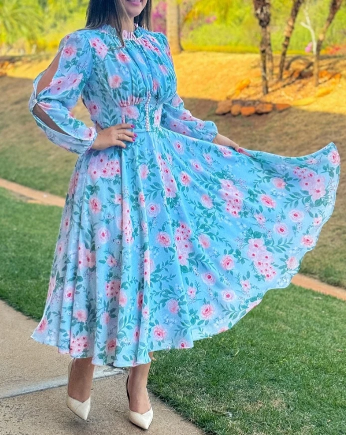 

Floral Print Round Neck Lantern Long Sleeve Dress A-Line Flowy Maxi Dress