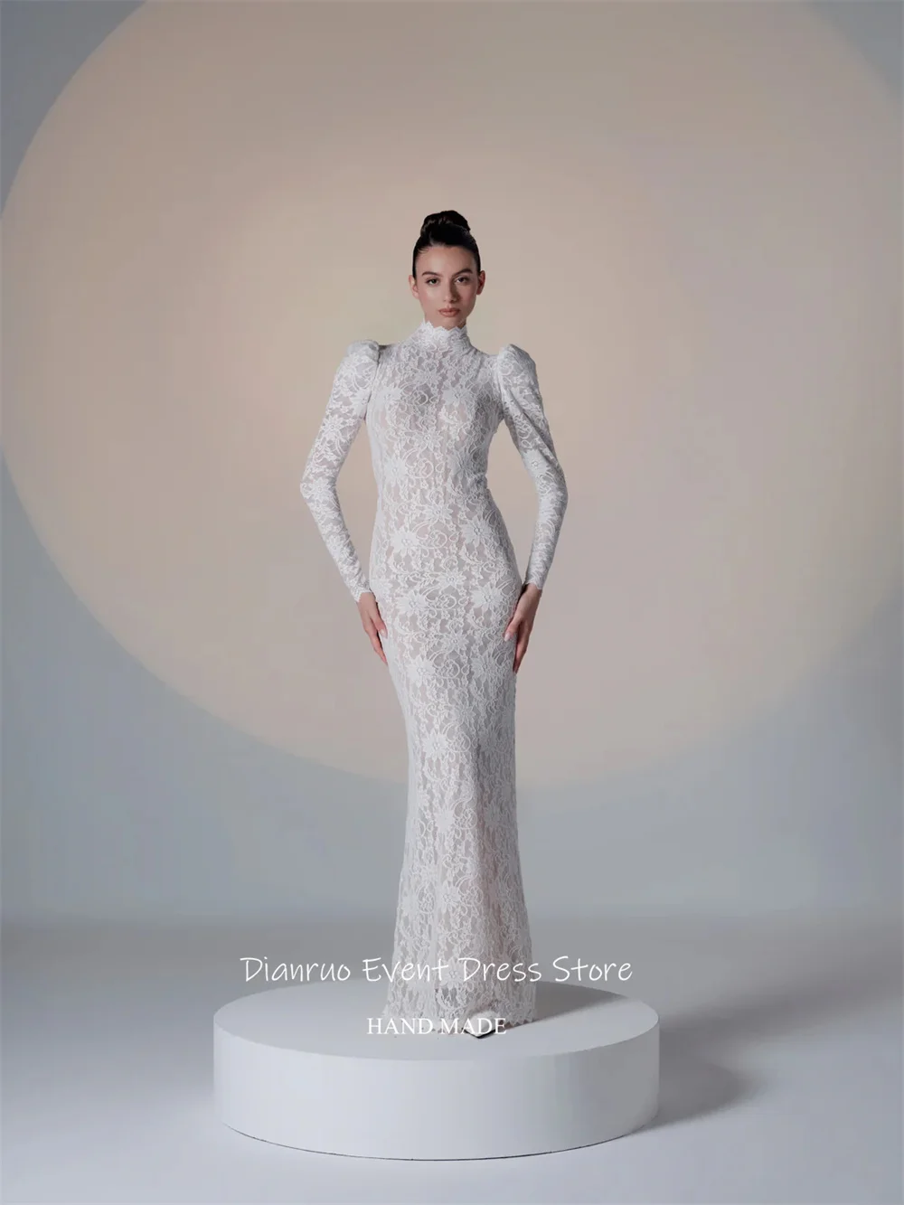 Dianruo – Robe De soirée en dentelle, fente haute, épaules bouffantes, avec des Appliques, moulante, manches longues, personnalisée