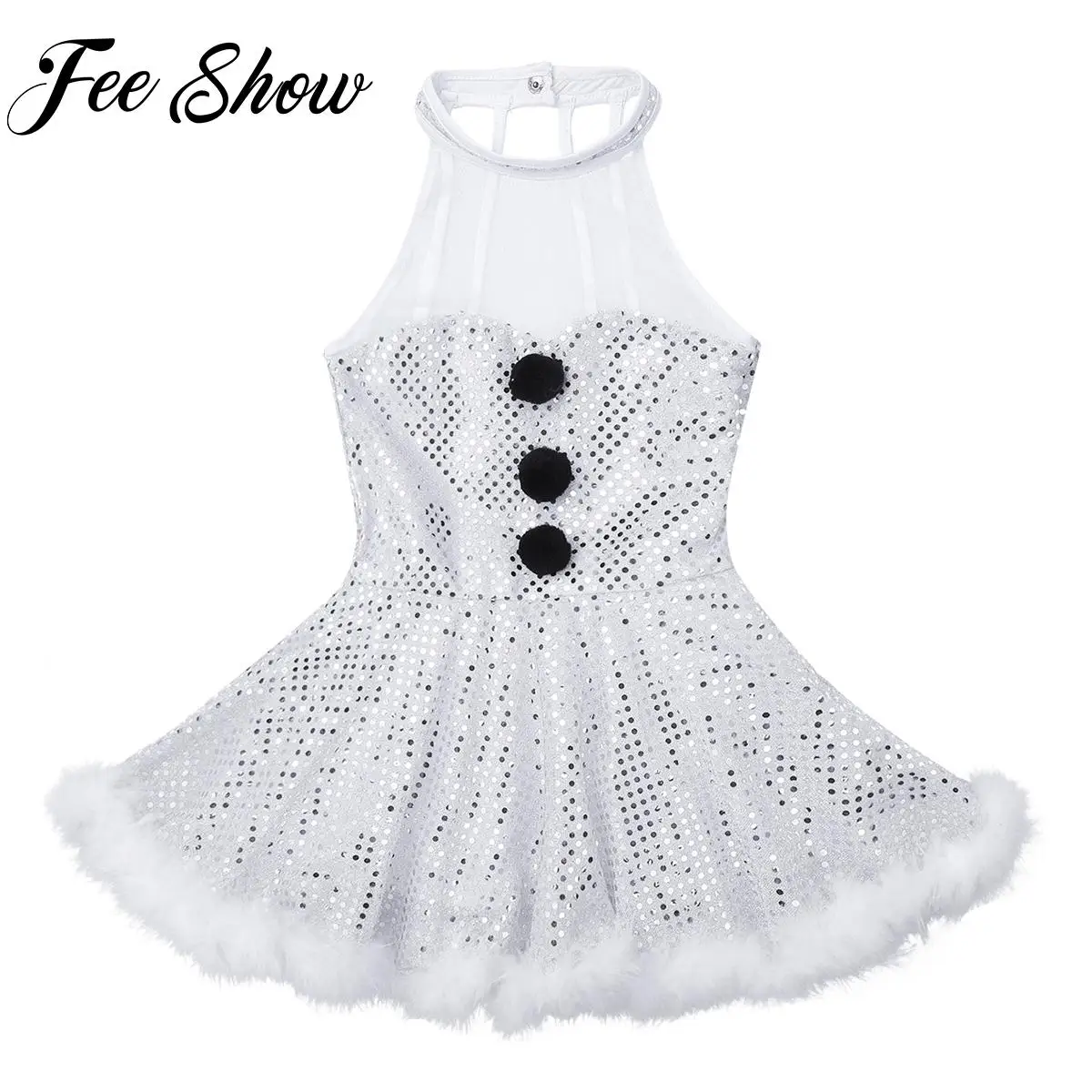 

Kid Girl Christmas Snowman Costume Sleeveless Mesh Splice Caged Back Sequins Twirling Dress for Ballet Dance Figure Ice Skating