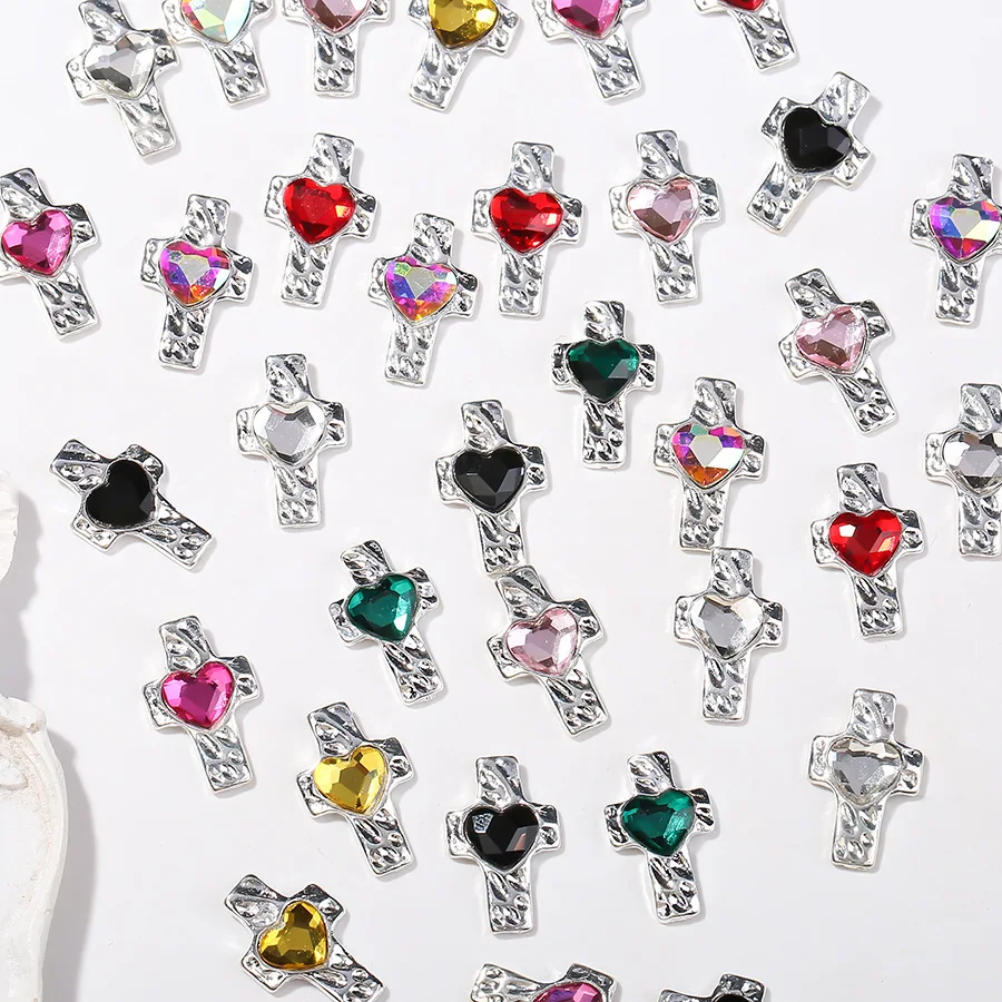 10pcs Silver Alloy Colored Love Cross Nail Charms Gem Jewelry Luxury Zircon Nail Art Accessories DIY 3D Nails Decorations Parts