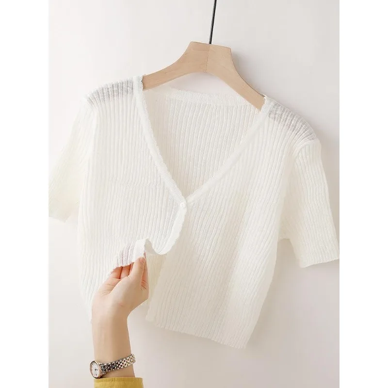 Ice Silk Knitted Cardigan Women\'s Summer Thin Short-sleeved Outer Wear Sun Protection Short Versatile Simple Commuter Top