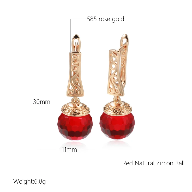 Kinel New 585 Rose Gold Color Long Dangle Earrings For Women Red Natural Zircon Ball Bride Drop Earrings Vintage Wedding Jewelry