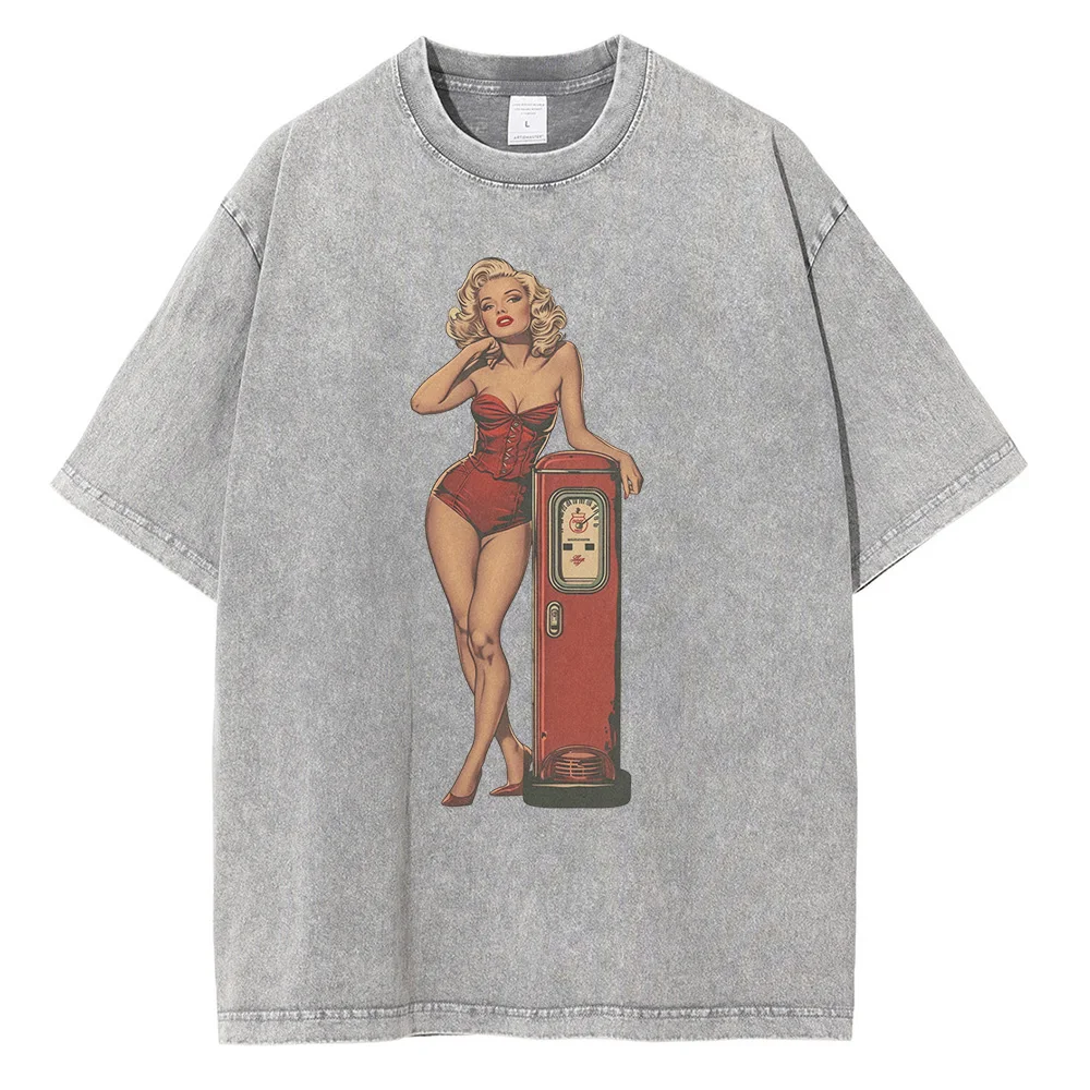 Heavyweight Cotton Distressed Washed T Shirts Monroe Posing At A Gas Station Comic Graphic T-shirts Vintage Oversized Tee Shirt