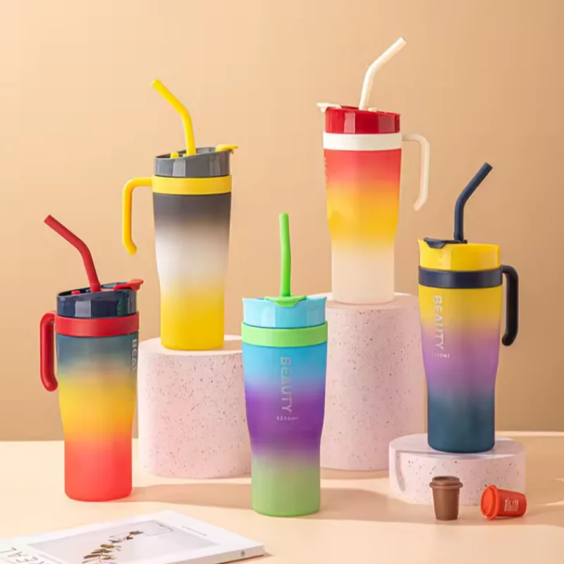 

1.2L Three Sets Ice Bar Mug Gradient Color Straw Mug Handheld Car Car Mug Large Capacity 40oz Adult Mugs