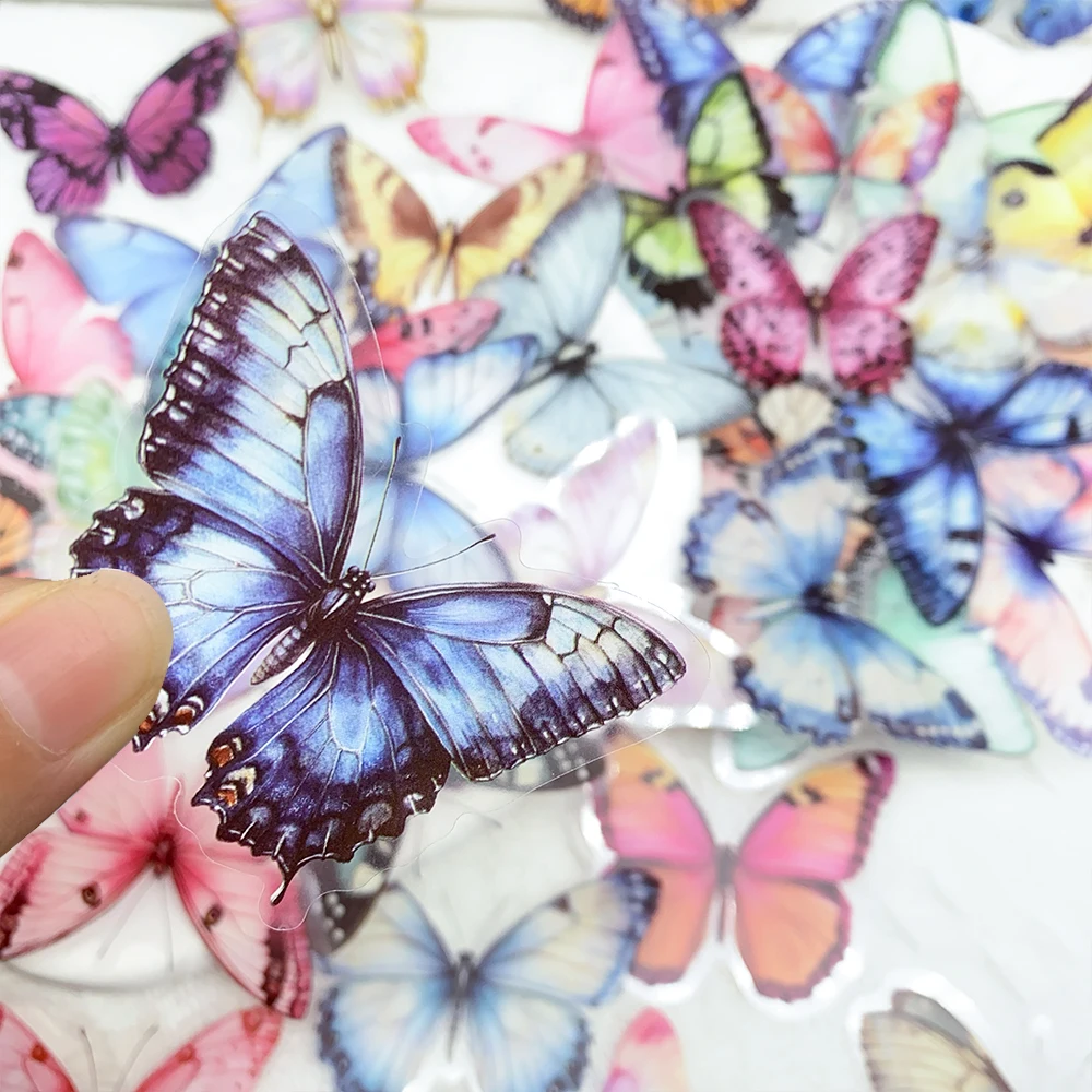 50 stücke Bunte Schmetterling PET Aufkleber Aufkleber Für Telefon Flasche Kühlschrank Gitarre Helm DIY Ästhetische Transparente Aufkleber – Detail 10