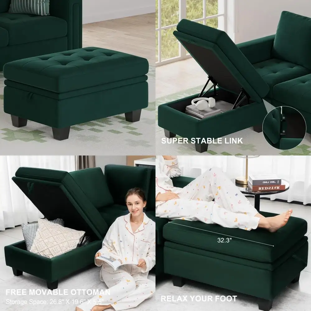 Green Velvet Storage Ottoman with Tufted Design for Living Room and Bedroom