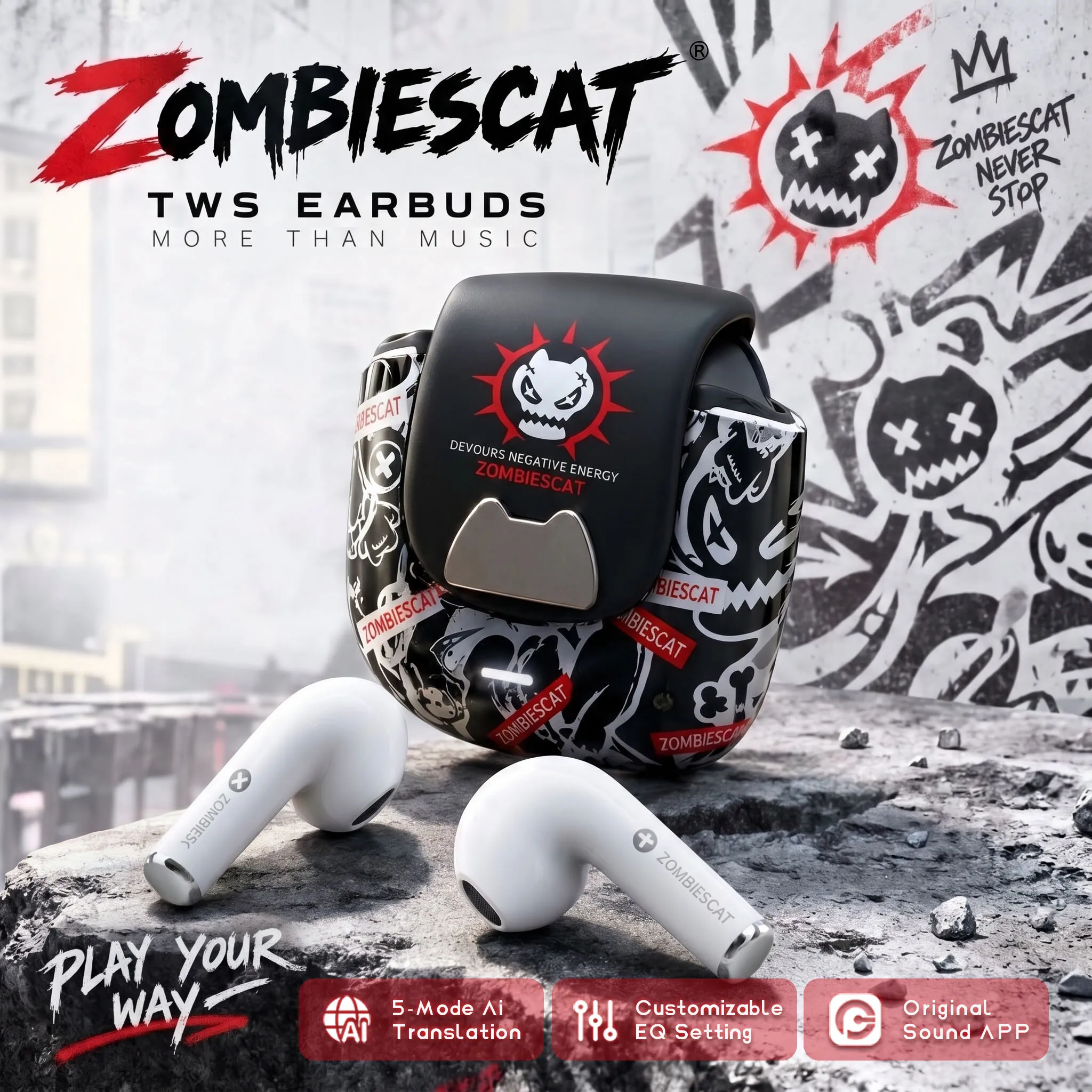Zombies Cat B28 Graffiti Bluetooth 6.0 Semi In-Ear Earbuds AI Translating Headphone Custom EQ TWS Wireless Earphone with APP