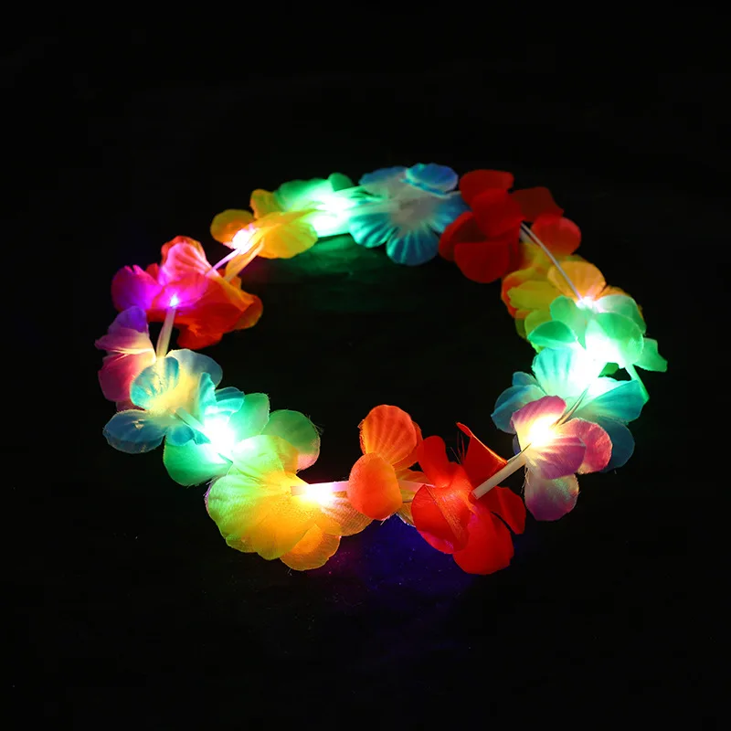 10pcs LED Hawaiian Lei Floral Headband Light Up Flower Crown Glow Wreath Headband Summer Beach Pool Wedding Party Decorations