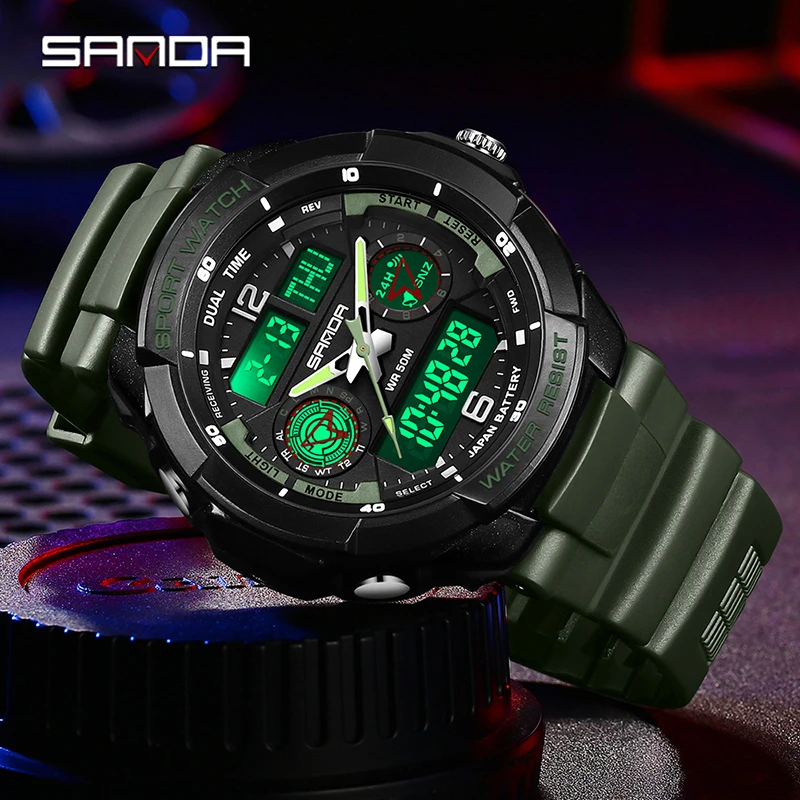 SANDA 6197 Waterproof Three Time Display Wristwatches Relogio Masculino watch Sport Men Military Digital Watches Sport Watch