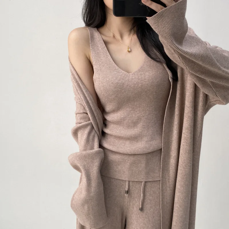 2025 winter warm thicken knitted 3 pieces sets for women clothing korean casual v neck vest+knitted cardigans+wide leg pant sets