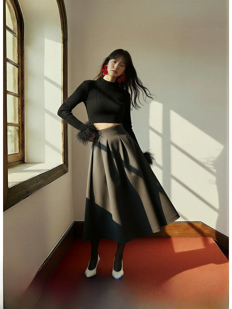 

Женская юбка миди H&M, весна 2026, новая коллекция, с завышенной талией, из атласной ткани, драпированная, А-силуэт, для офиса, из полиэстера