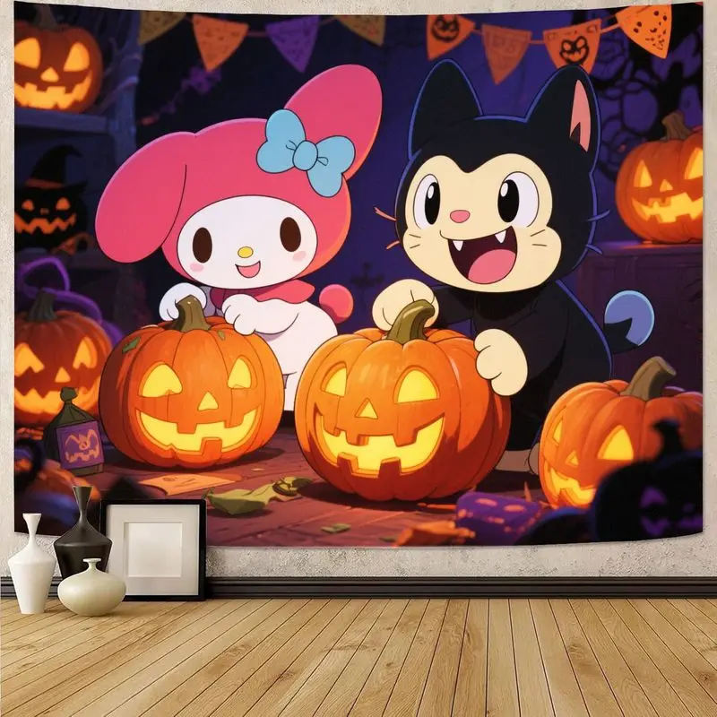 

1 шт. Sanrio My Melody милый черный кот гобелен на Хэллоуин кавайный праздничный полиэстер настенное искусство гостиная спальня декор в общежитии жуткий S