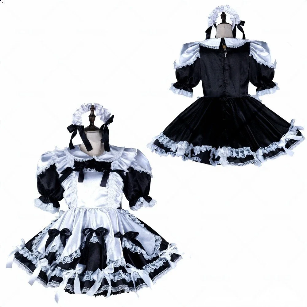 

French maid black and white satin short sleeved bow embellished with ruffle edge dress maid cosplay costume can be customized