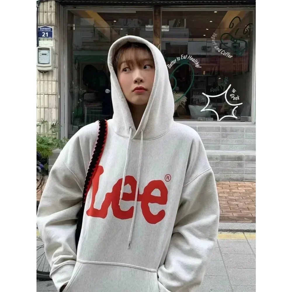 2025 Korean Trendy Brand Lee Classic Logo Long-sleeved Hooded Women Sweater Crew Neck Men  Loose and Versatile Couple Outfit