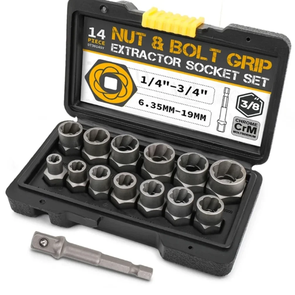 14 Pieces Impact Bolt & Nut Remover Set Cr-Mo Steel Bolt Extractor Tool Set with Solid Storage Case for Industrial Drop Shipping
