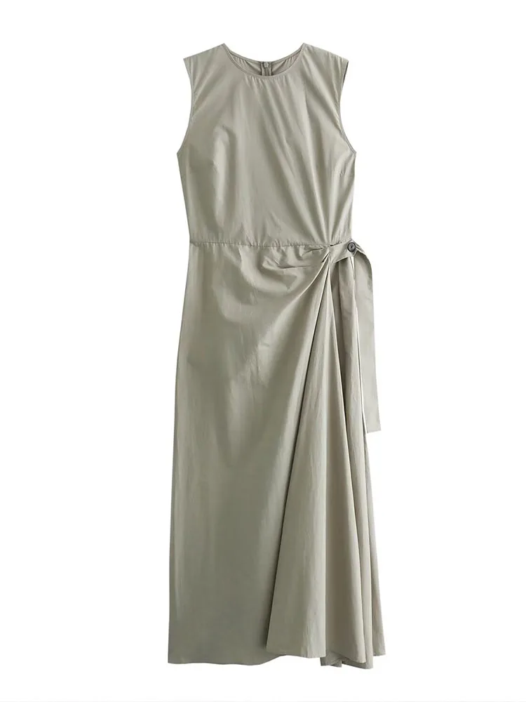 

TRAF-2024 Spring New Women's Round Neck Belt Button Waist Draped Long Skirt Sleeveless Midi Dress