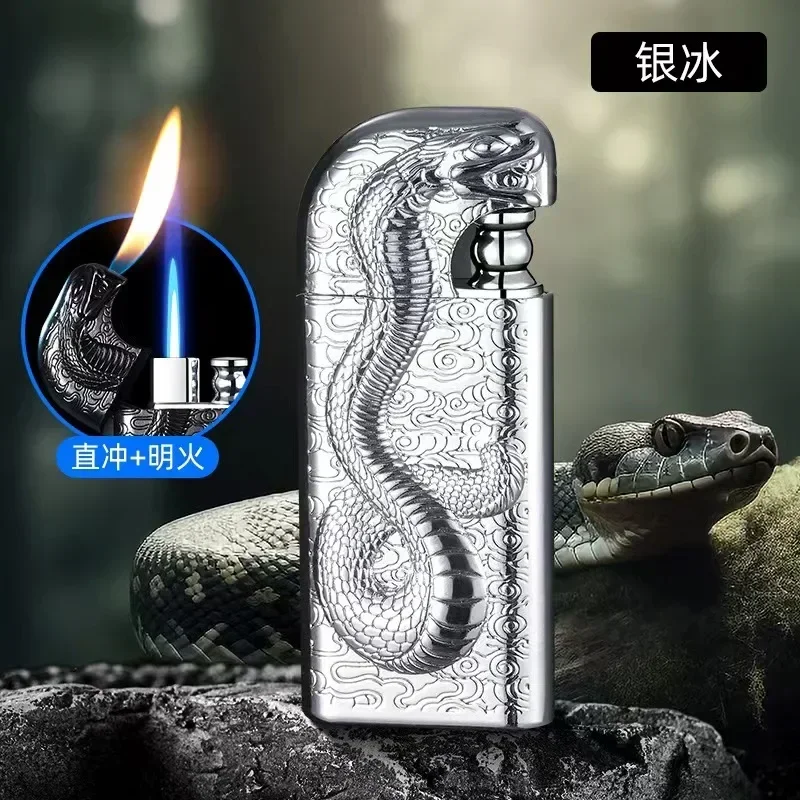 3D Three-dimensional Embossed Snake Pattern Lighter Alloy Material, Double Flame Conversion, Men\'s Creative Gas Lighter