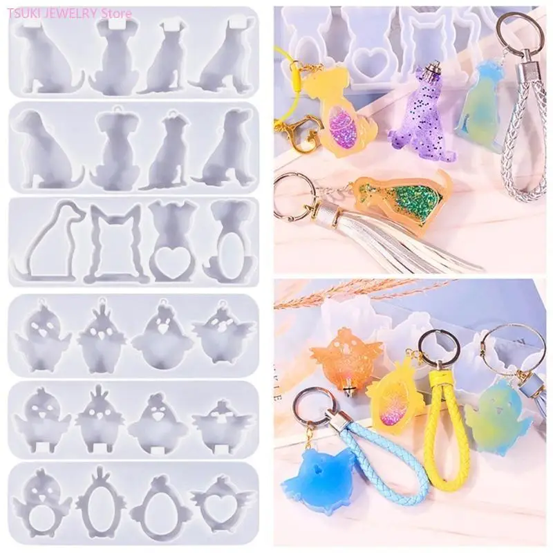 

62KE Silicone Mold Animal Dog Keychain Molds DIYs Crystal Earrings Pendant Mould Epoxy