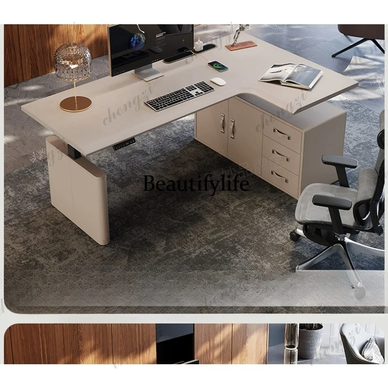 Corner electric lift table L-type computer desk with storage saddle leather e-sports desk