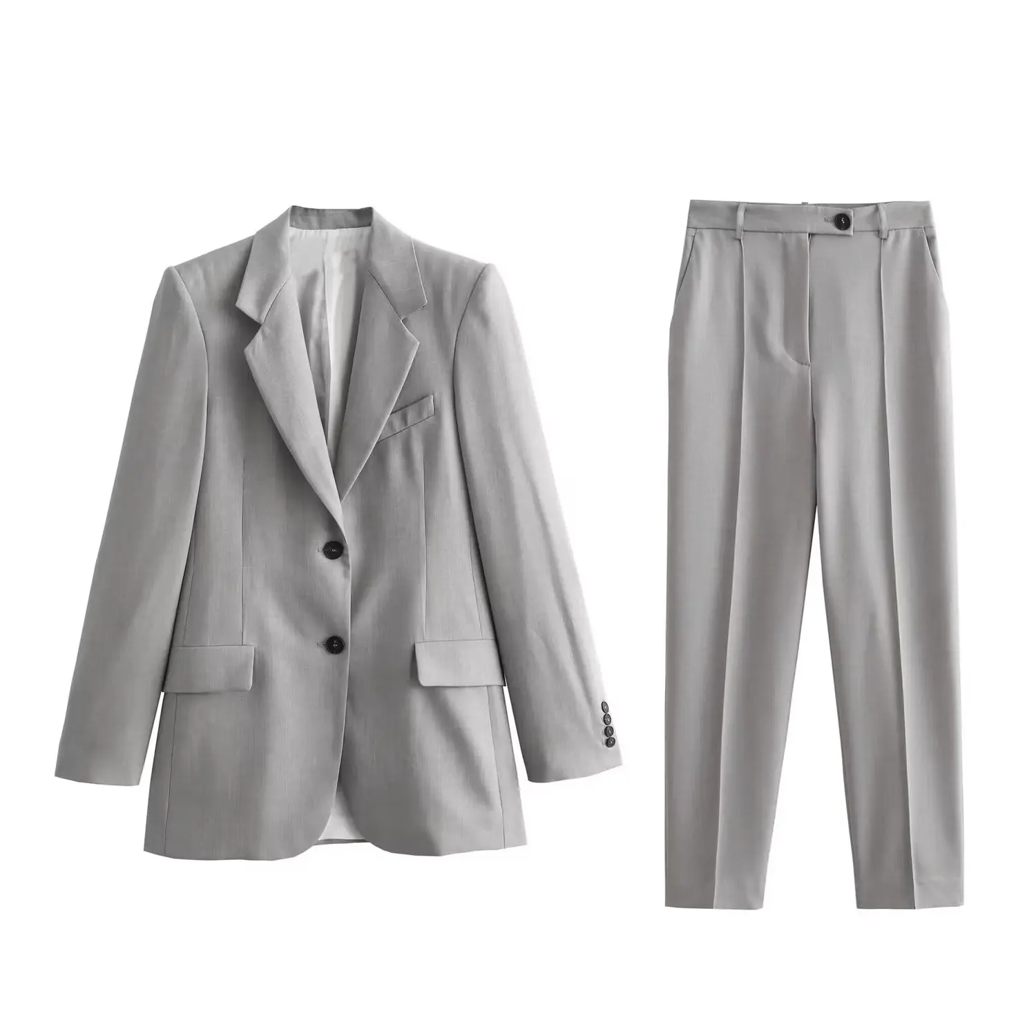 Dave&Di French Vintage Elegant Suit Pants Set Grey Loose Style Blazers Jacket Boyfriend  Casual Pants Two Pieces Sets Women