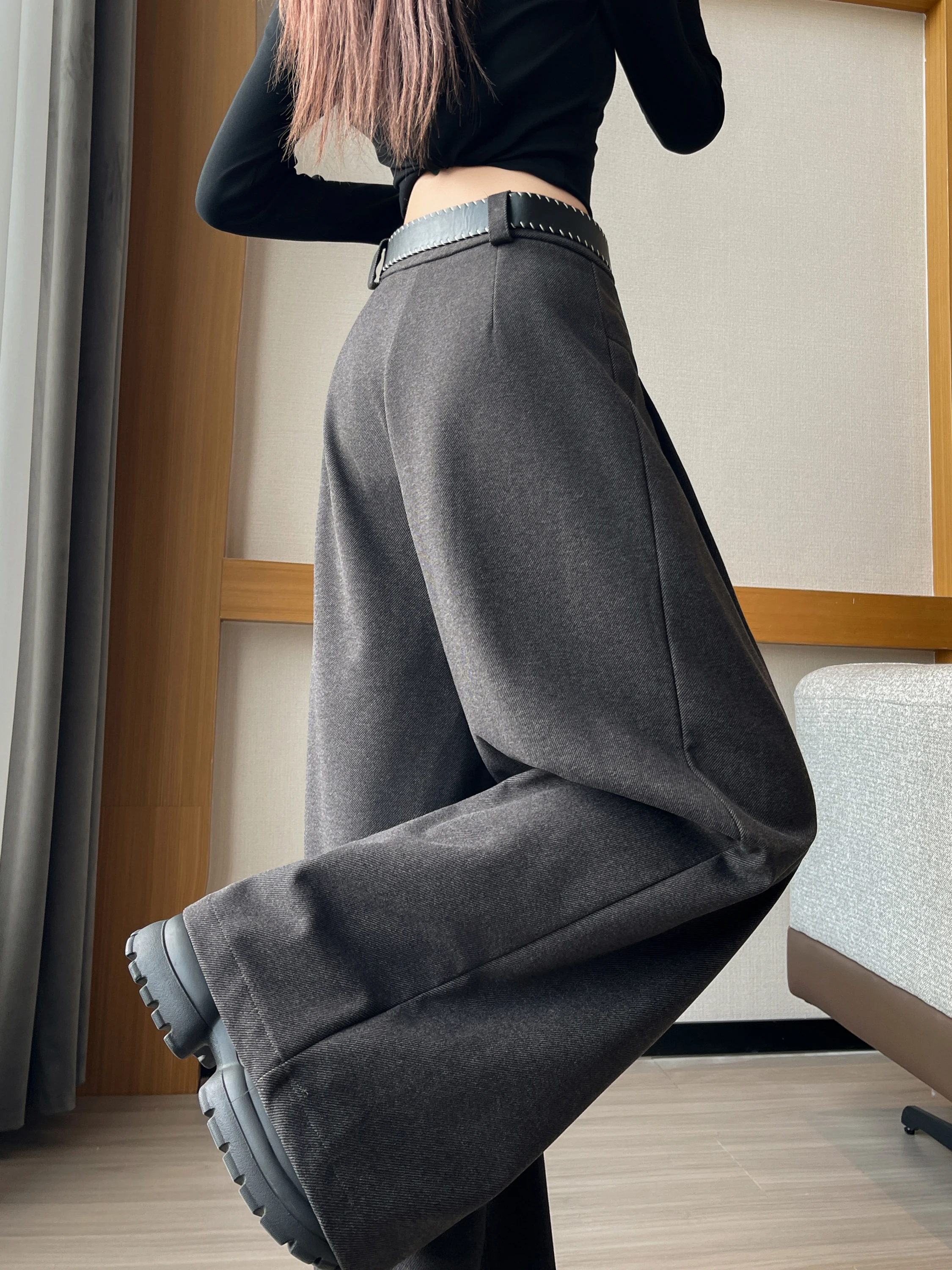 Ay Thiened Traje de lana Pantalones de pierna ancha Pantalones casuales rectos hasta el suelo adelgazantes de cintura alta para mujer