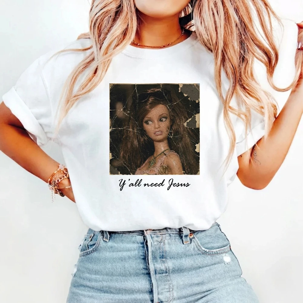 Y'all Need Jesus T-Shirt-Funny Vintage Doll Southern Humor Retro Meme Unisex Tee Graphic Short Sleeve Casual Crew Neck T Shirt