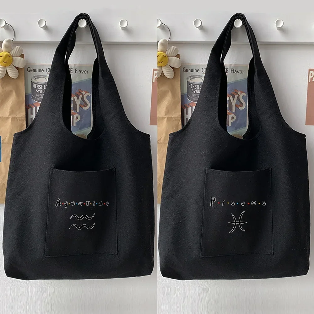 Cartoon Simple Black Shoulder Bag Woman Bag Handbag Casual Constellation Pattern Printing Large Capacity Tote Bag Soft Commuter