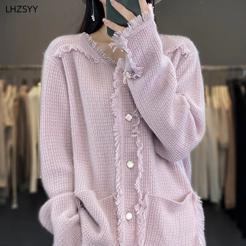 LHZSYY Women's Cashmere Cardigan Autumn Winter New Fringe Knit Jacket Fashion Large Size Sweater Coat O-Neck Shirt Female Blouse