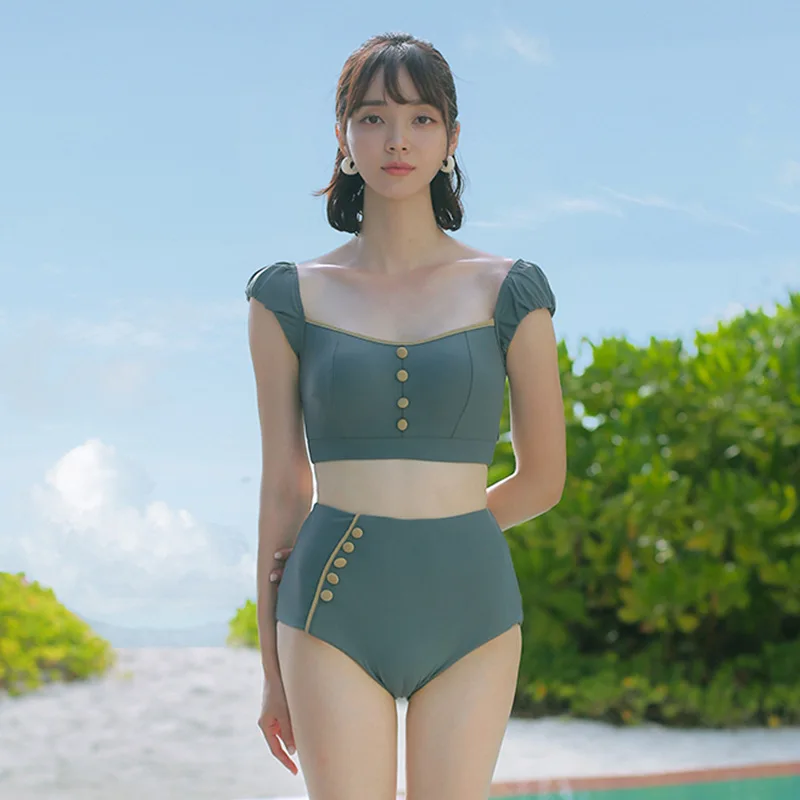 2024 Beach Women's Bikini Solid Button Decoration Square Neck Bubble Short Sleeve High Waist Female Two Piece Sets Trendy Summer