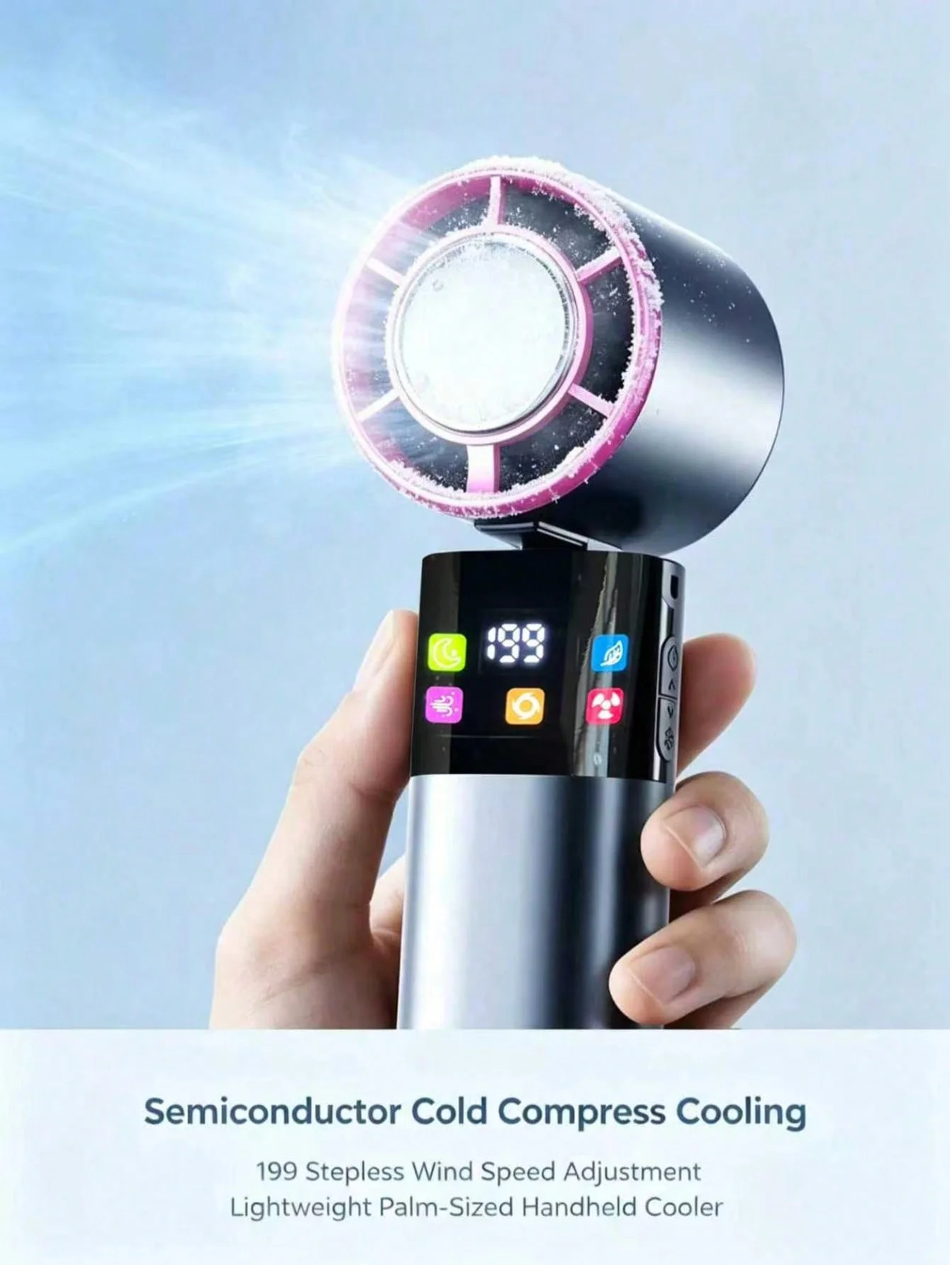 1. Tragbarer Handventilator und Nackenventilator mit 199 einstellbaren Geschwindigkeitsstufen, digitalem Farbdisplay, Kühlfunktion und Kompressefunktion, Typ-C-Ladefunktion, geeignet für Reisen im Freien, Büro, Camping – Detail 2