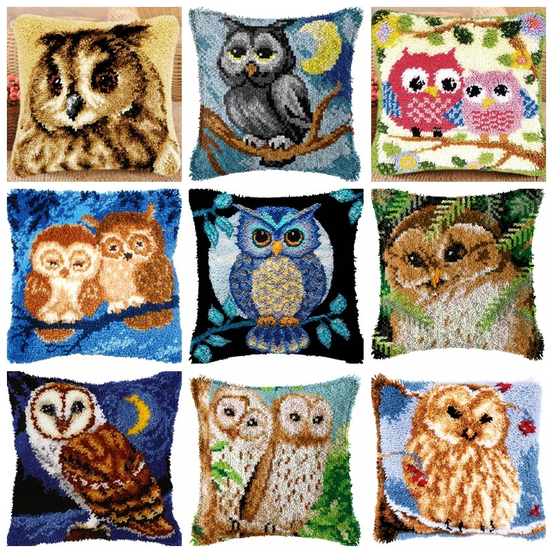 Owl Series Latch Hook Set Embroideried Latch Hook Kits Birds Parrot Latch Hook Pillow Button Pad Package Handmade Cross DIY